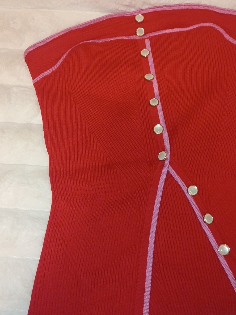 Red Strapless Ribbed Button-Front Top